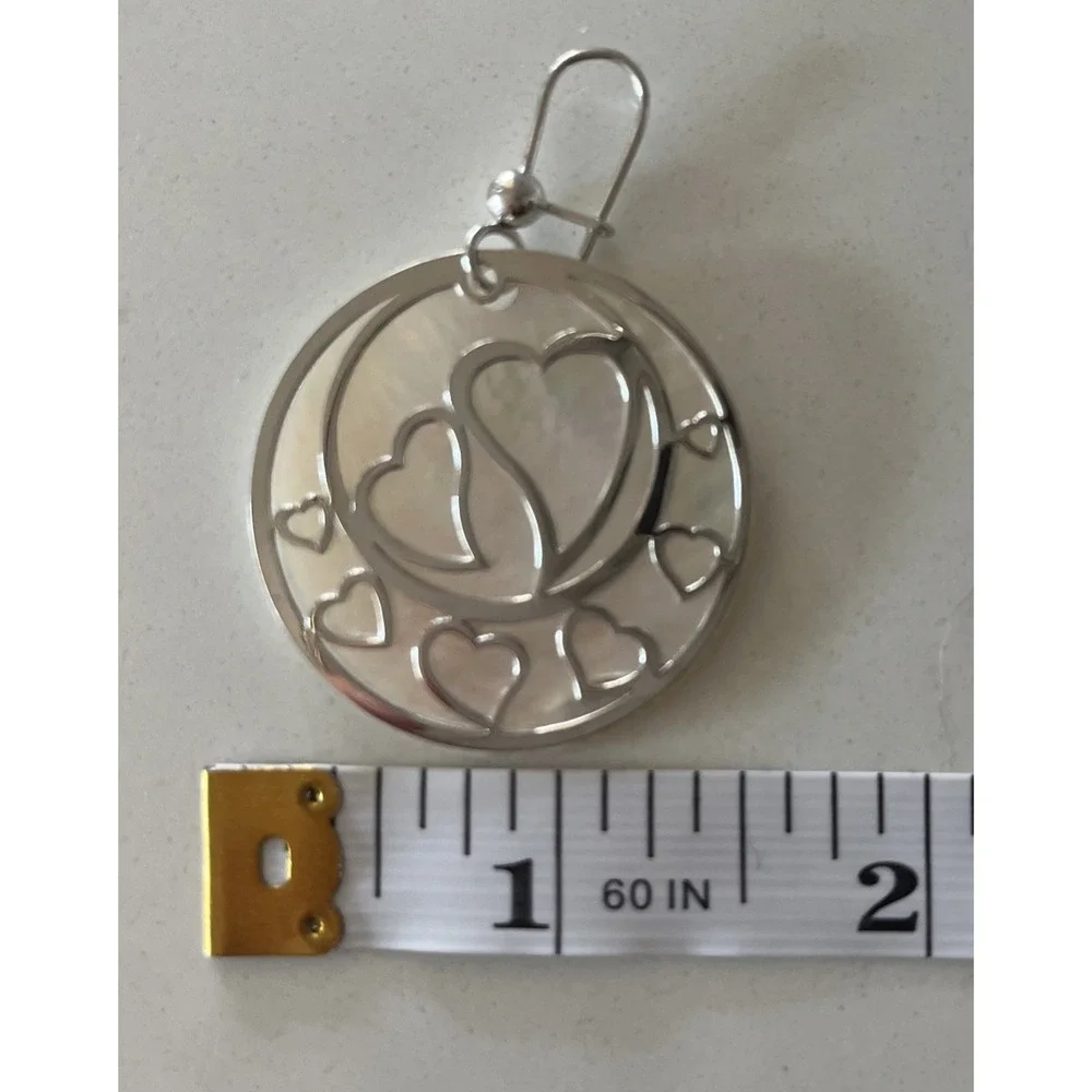 14K White Gold Italian Heart Filigree Drop Earrings w/ Mother of Pearl Disc - Picture 4 of 6